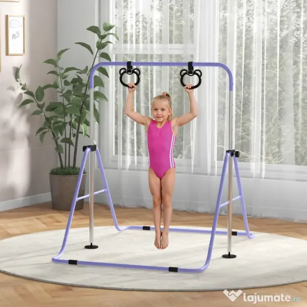 HOMCOM Bară Gimnastică Artistică pentru Copii Reglabilă cu 2 Inele, din Oțel, 148x105x88-128 cm, Mov | Aosom Romania