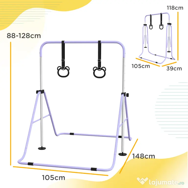 HOMCOM Bară Gimnastică Artistică pentru Copii Reglabilă cu 2 Inele, din Oțel, 148x105x88-128 cm, Mov | Aosom Romania