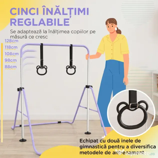 HOMCOM Bară Gimnastică Artistică pentru Copii Reglabilă cu 2 Inele, din Oțel, 148x105x88-128 cm, Mov | Aosom Romania