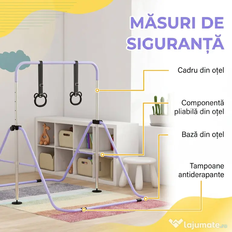 HOMCOM Bară Gimnastică Artistică pentru Copii Reglabilă cu 2 Inele, din Oțel, 148x105x88-128 cm, Mov | Aosom Romania