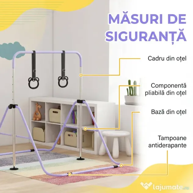 HOMCOM Bară Gimnastică Artistică pentru Copii Reglabilă cu 2 Inele, din Oțel, 148x105x88-128 cm, Mov | Aosom Romania