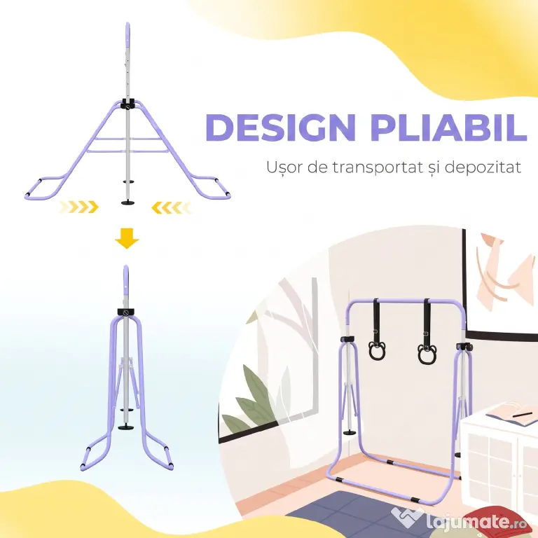 HOMCOM Bară Gimnastică Artistică pentru Copii Reglabilă cu 2 Inele, din Oțel, 148x105x88-128 cm, Mov | Aosom Romania