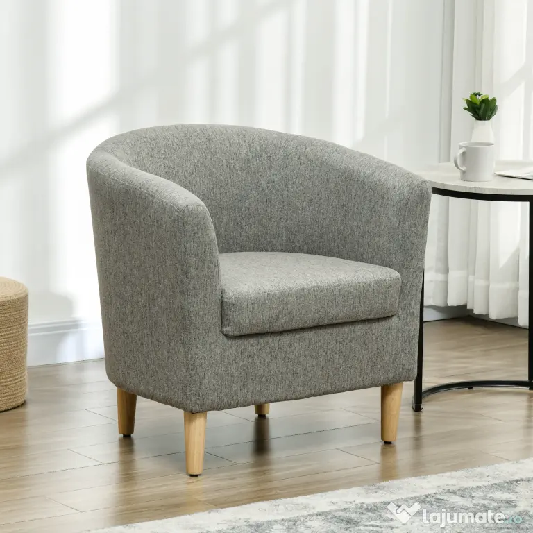 HOMCOM Fotoliu Modern, Scaun Accent Tapițat cu Picioare din Lemn, Scaun din Material Textil, 74x63x73 cm, Gri | Aosom Romania