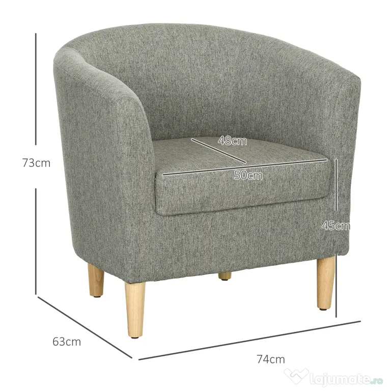 HOMCOM Fotoliu Modern, Scaun Accent Tapițat cu Picioare din Lemn, Scaun din Material Textil, 74x63x73 cm, Gri | Aosom Romania