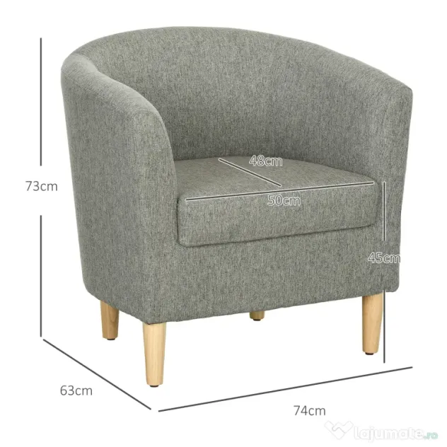 HOMCOM Fotoliu Modern, Scaun Accent Tapițat cu Picioare din Lemn, Scaun din Material Textil, 74x63x73 cm, Gri | Aosom Romania