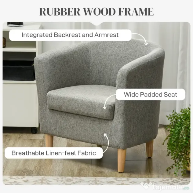 HOMCOM Fotoliu Modern, Scaun Accent Tapițat cu Picioare din Lemn, Scaun din Material Textil, 74x63x73 cm, Gri | Aosom Romania