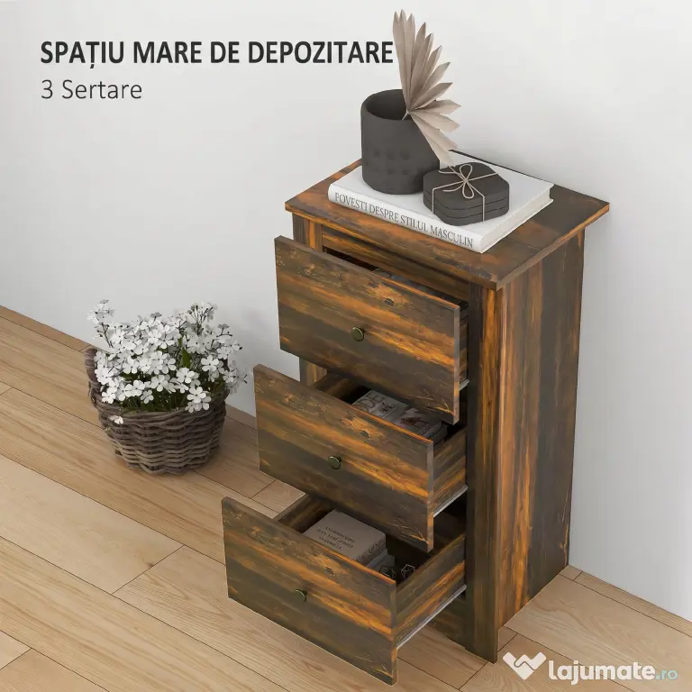 HOMCOM Noptieră cu 2 Sertare în Stil Rustic, Noptieră pentru Dormitor din Lemn, 40x30x74 cm, Maro | Aosom Romania