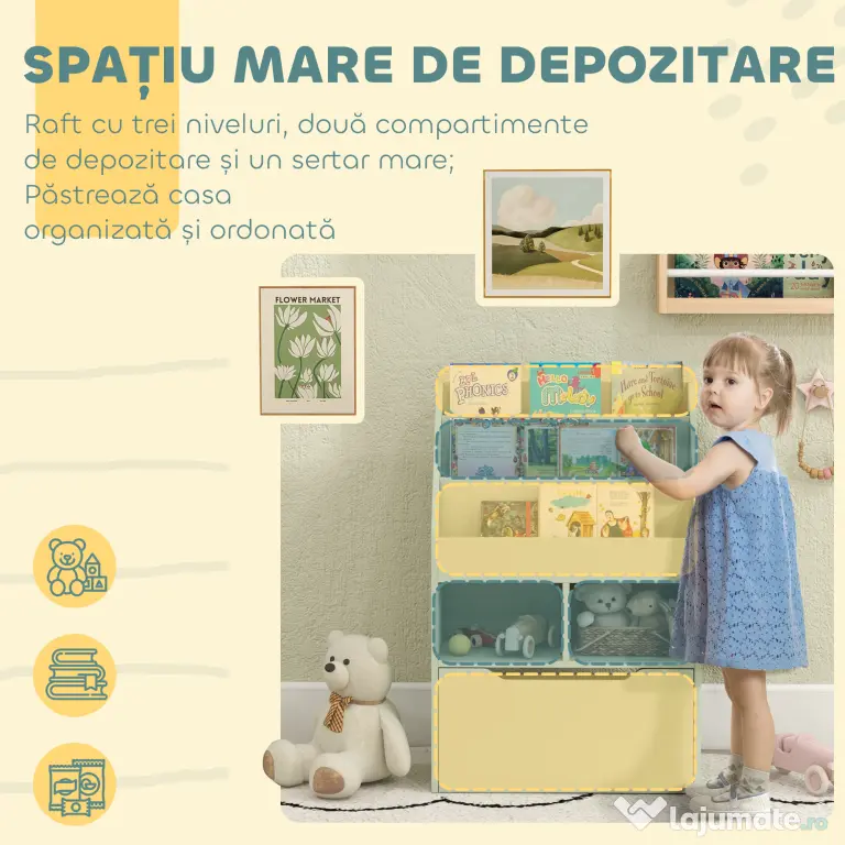 HOMCOM Bibliotecă pentru Copii cu Rafturi și Sertar, Raft Mobil pentru Jucării și Cărți, Dimensiuni 60x29.9x90 cm, Verde Strălucitor | Aosom România