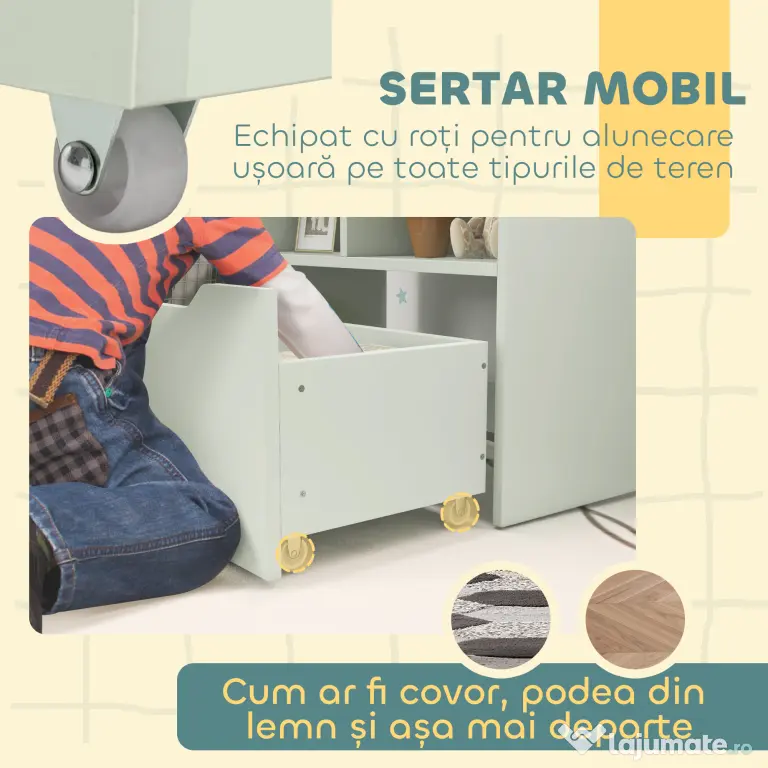 HOMCOM Bibliotecă pentru Copii cu Rafturi și Sertar, Raft Mobil pentru Jucării și Cărți, Dimensiuni 60x29.9x90 cm, Verde Strălucitor | Aosom România