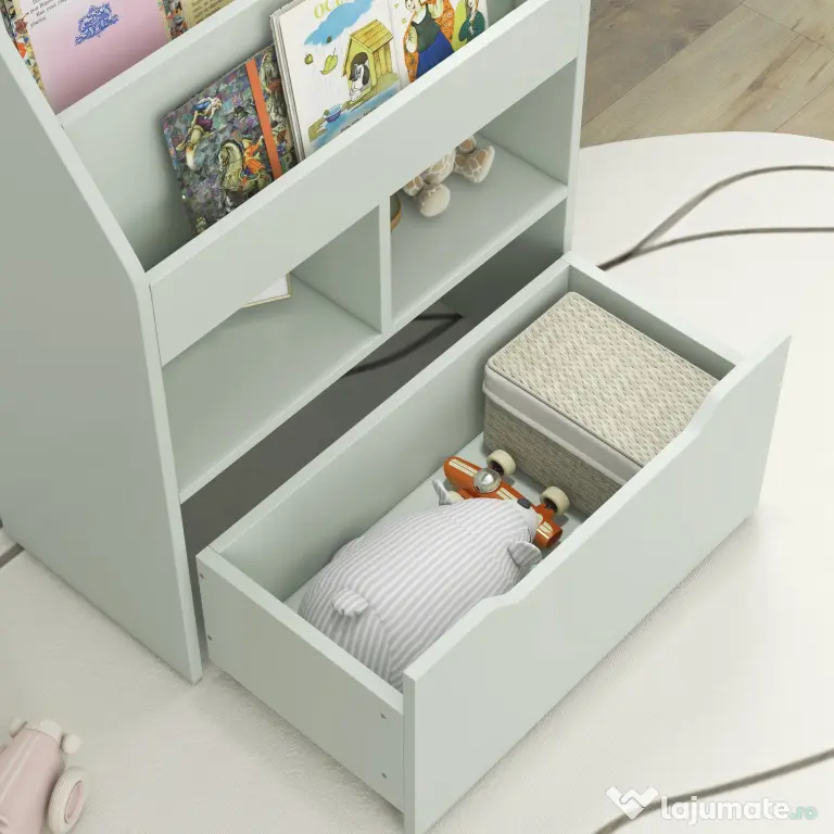HOMCOM Bibliotecă pentru Copii cu Rafturi și Sertar, Raft Mobil pentru Jucării și Cărți, Dimensiuni 60x29.9x90 cm, Verde Strălucitor | Aosom România