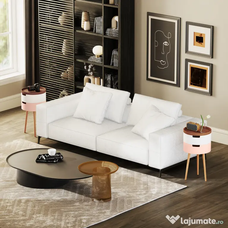 HOMCOM Set de 2 Mese Totunde de Cafea cu 3 Niveluri, 2 Spații de Depozitare și Tavă Detașabilă, Φ35x65,5 cm, Multicolor | Aosom Romania