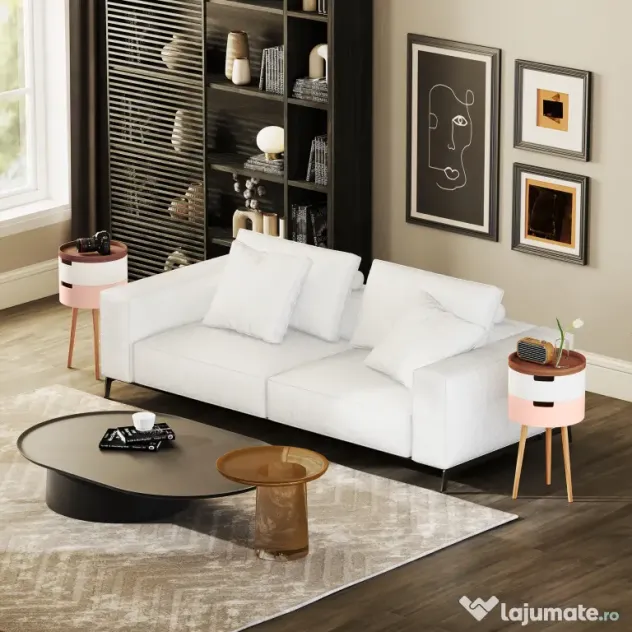 HOMCOM Set de 2 Mese Totunde de Cafea cu 3 Niveluri, 2 Spații de Depozitare și Tavă Detașabilă, Φ35x65,5 cm, Multicolor | Aosom Romania