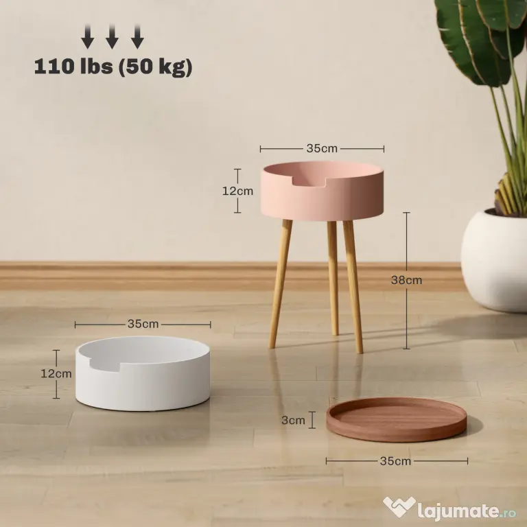 HOMCOM Set de 2 Mese Totunde de Cafea cu 3 Niveluri, 2 Spații de Depozitare și Tavă Detașabilă, Φ35x65,5 cm, Multicolor | Aosom Romania