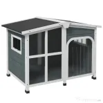 PawHut Căsuță pentru Câini din Lemn, cu Tendă de Protecție, Fereastră și Acoperiș Rabatabil, 101x66,5x70,5cm, Gri Închis