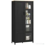 HOMCOM Dulap de Bucătărie cu 9 Rafturi Reglabile, cu Uși de Sticlă și Bază Înălțată din Lemn, 76x36x160 cm, Negru