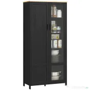 HOMCOM Dulap de Bucătărie cu 9 Rafturi Reglabile, cu Uși de Sticlă și Bază Înălțată din Lemn, 76x36x160 cm, Negru