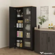 HOMCOM Dulap de Bucătărie cu 9 Rafturi Reglabile, cu Uși de Sticlă și Bază Înălțată din Lemn, 76x36x160 cm, Negru