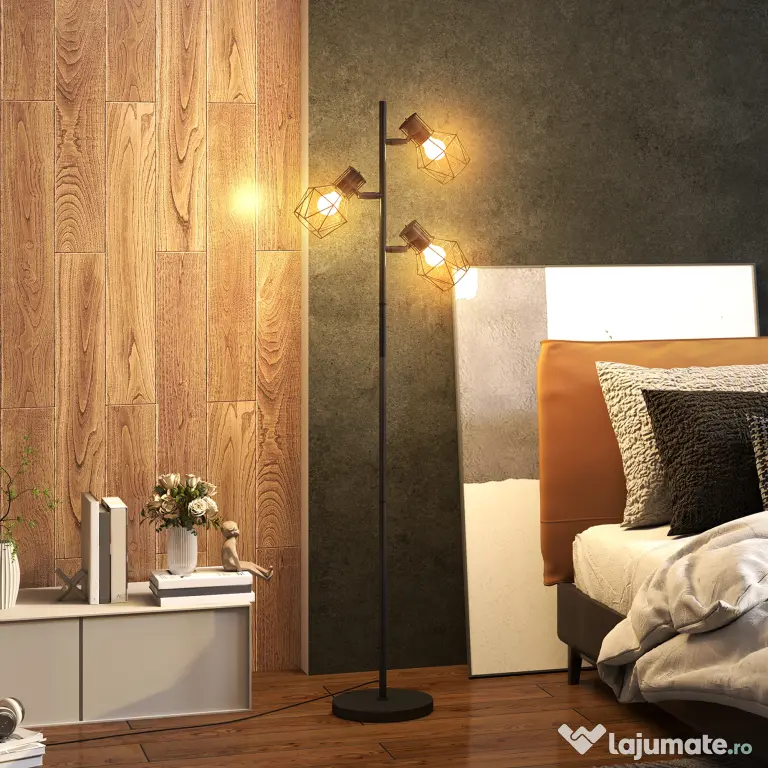 HOMCOM Lampă de Podea cu 3 Lumini Reglabile și Întrerupător cu Buton, Lampă Modernă din Metal, 41x28x169 cm, Negru | Aosom Romania