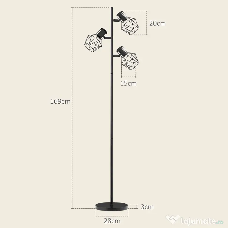HOMCOM Lampă de Podea cu 3 Lumini Reglabile și Întrerupător cu Buton, Lampă Modernă din Metal, 41x28x169 cm, Negru | Aosom Romania