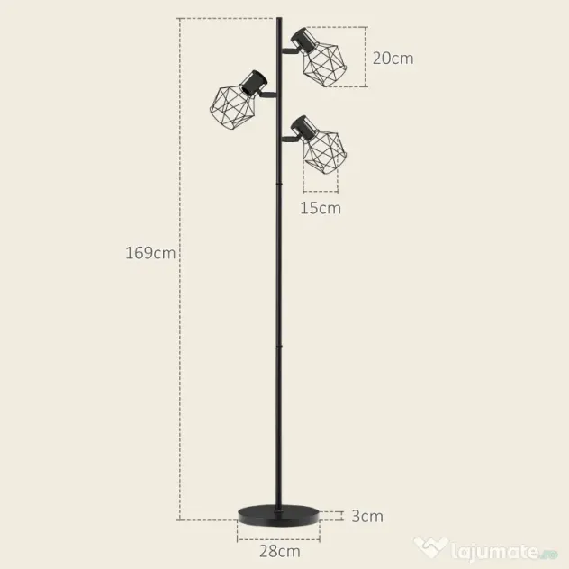 HOMCOM Lampă de Podea cu 3 Lumini Reglabile și Întrerupător cu Buton, Lampă Modernă din Metal, 41x28x169 cm, Negru | Aosom Romania