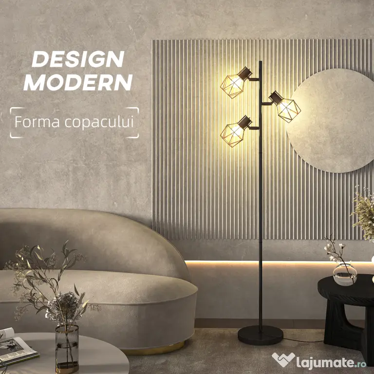 HOMCOM Lampă de Podea cu 3 Lumini Reglabile și Întrerupător cu Buton, Lampă Modernă din Metal, 41x28x169 cm, Negru | Aosom Romania