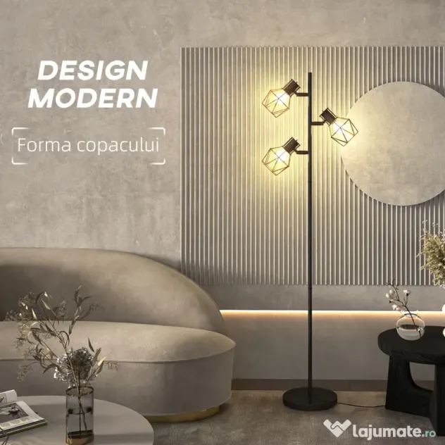 HOMCOM Lampă de Podea cu 3 Lumini Reglabile și Întrerupător cu Buton, Lampă Modernă din Metal, 41x28x169 cm, Negru | Aosom Romania