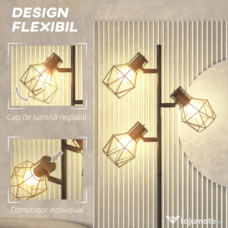 HOMCOM Lampă de Podea cu 3 Lumini Reglabile și Întrerupător cu Buton, Lampă Modernă din Metal, 41x28x169 cm, Negru | Aosom Romania