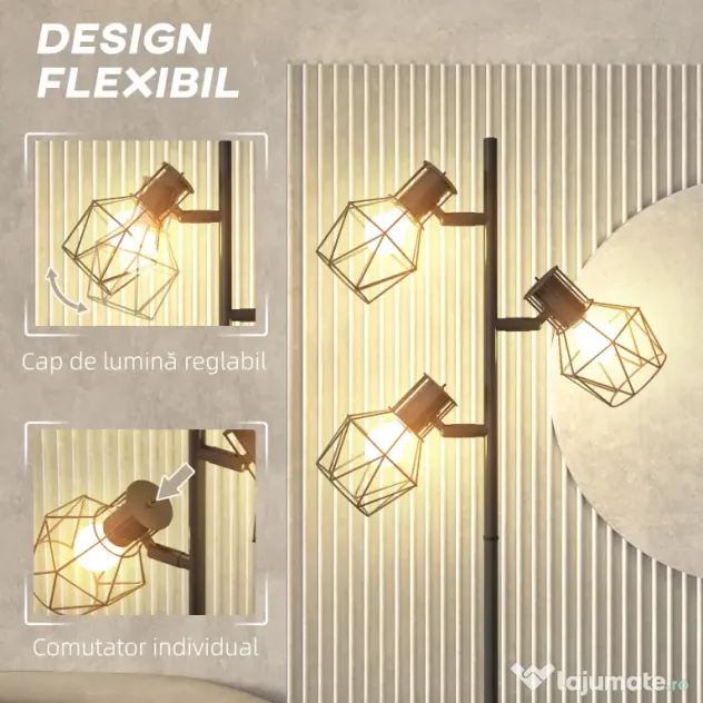 HOMCOM Lampă de Podea cu 3 Lumini Reglabile și Întrerupător cu Buton, Lampă Modernă din Metal, 41x28x169 cm, Negru | Aosom Romania