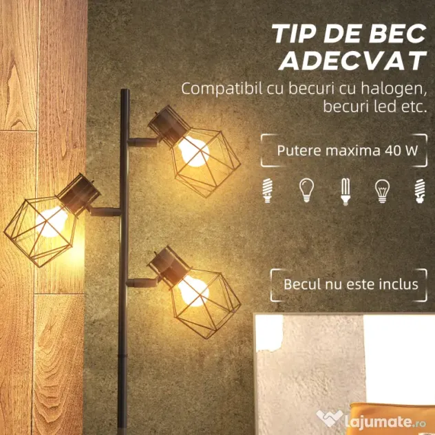 HOMCOM Lampă de Podea cu 3 Lumini Reglabile și Întrerupător cu Buton, Lampă Modernă din Metal, 41x28x169 cm, Negru | Aosom Romania