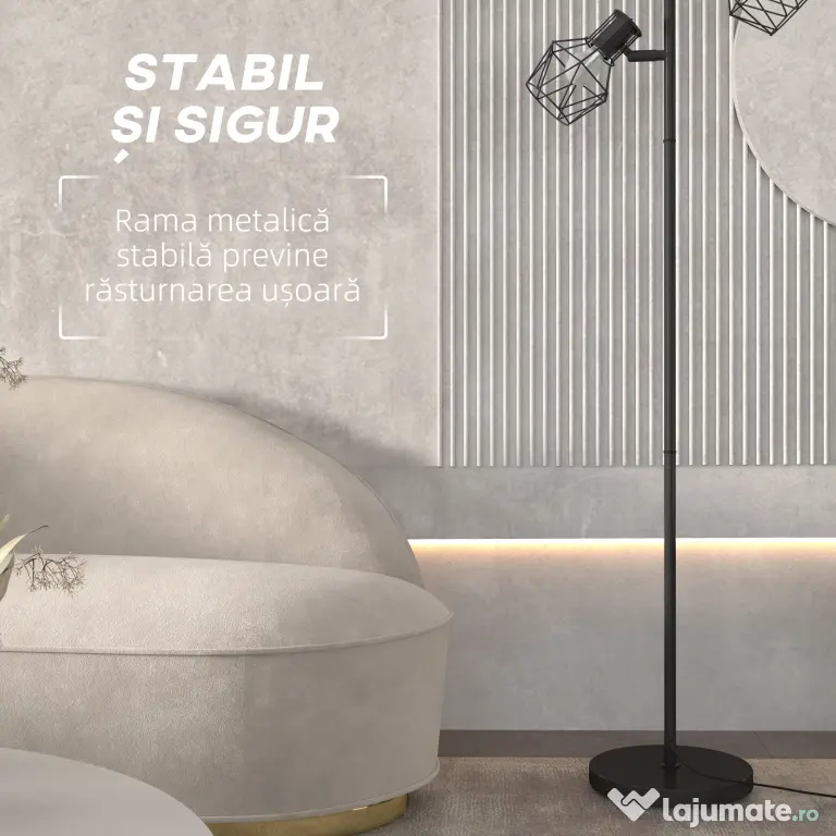 HOMCOM Lampă de Podea cu 3 Lumini Reglabile și Întrerupător cu Buton, Lampă Modernă din Metal, 41x28x169 cm, Negru | Aosom Romania
