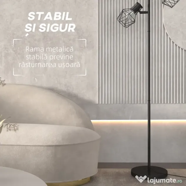 HOMCOM Lampă de Podea cu 3 Lumini Reglabile și Întrerupător cu Buton, Lampă Modernă din Metal, 41x28x169 cm, Negru | Aosom Romania
