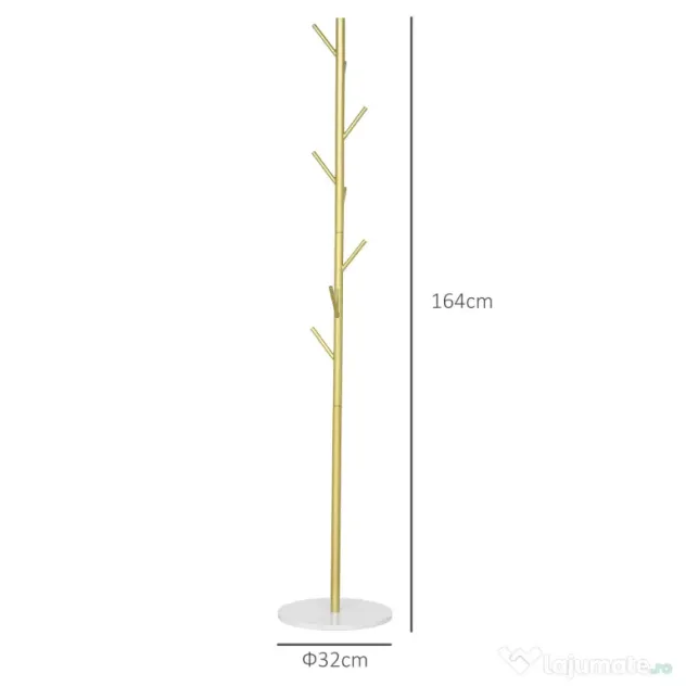 HOMCOM Cuier de Podea Autoportant cu 8 Cârlige și Bază din Marmură, Ø32x164 cm, Auriu | Aosom Romania