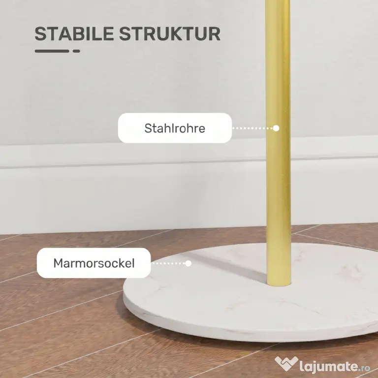 HOMCOM Cuier de Podea Autoportant cu 8 Cârlige și Bază din Marmură, Ø32x164 cm, Auriu | Aosom Romania