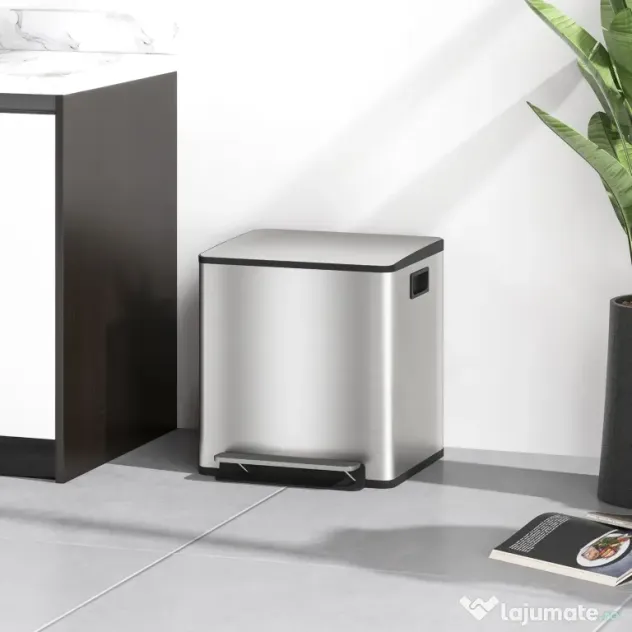 HOMCOM Coș de gunoi cu 2 compartimente de 15L cu pedală și capac silențios, din oțel inoxidabil și PP, 41.8x36.7x44 cm