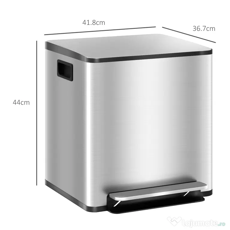 HOMCOM Coș de gunoi cu 2 compartimente de 15L cu pedală și capac silențios, din oțel inoxidabil și PP, 41.8x36.7x44 cm