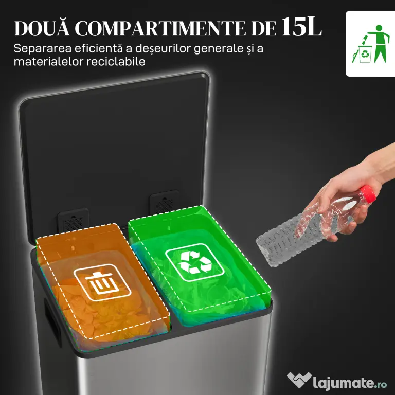 HOMCOM Coș de gunoi cu 2 compartimente de 15L cu pedală și capac silențios, din oțel inoxidabil și PP, 41.8x36.7x44 cm