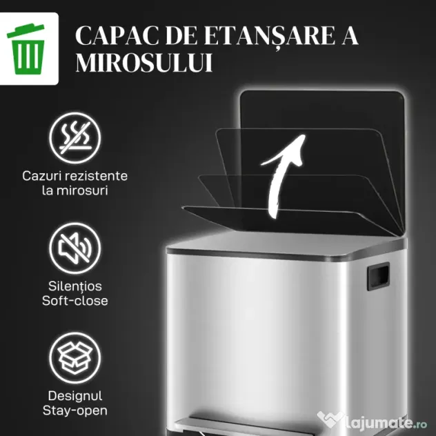 HOMCOM Coș de gunoi cu 2 compartimente de 15L cu pedală și capac silențios, din oțel inoxidabil și PP, 41.8x36.7x44 cm