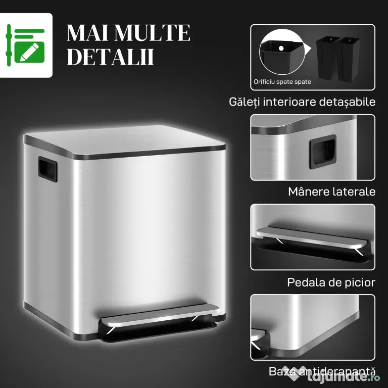 HOMCOM Coș de gunoi cu 2 compartimente de 15L cu pedală și capac silențios, din oțel inoxidabil și PP, 41.8x36.7x44 cm