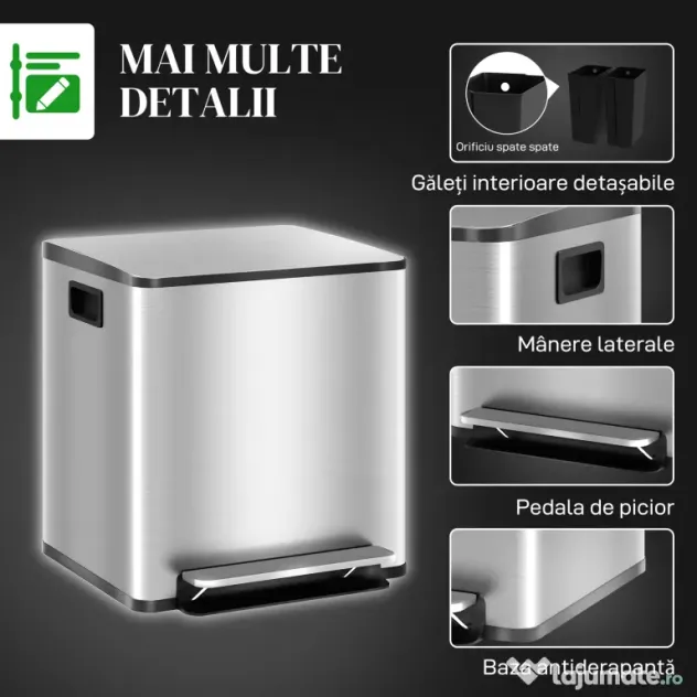 HOMCOM Coș de gunoi cu 2 compartimente de 15L cu pedală și capac silențios, din oțel inoxidabil și PP, 41.8x36.7x44 cm
