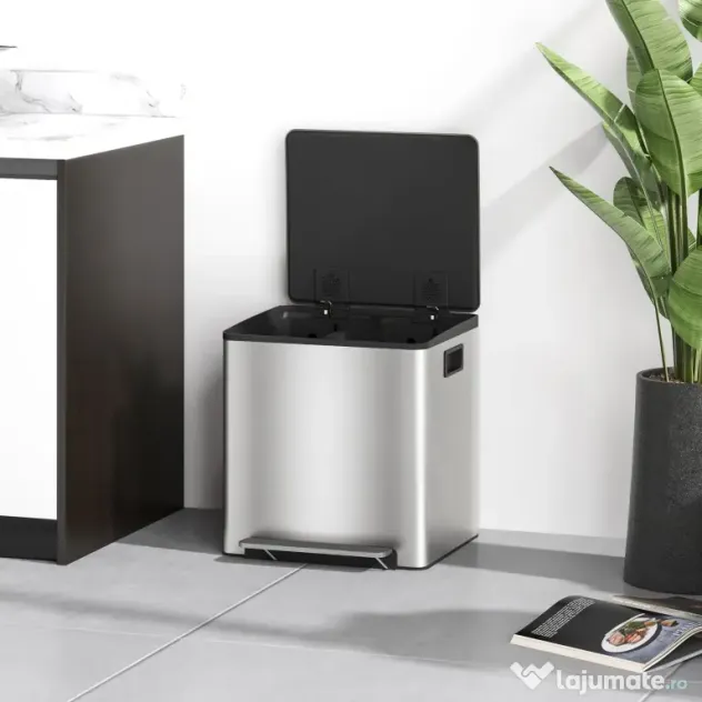 HOMCOM Coș de gunoi cu 2 compartimente de 15L cu pedală și capac silențios, din oțel inoxidabil și PP, 41.8x36.7x44 cm