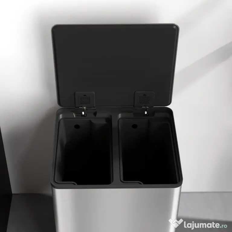 HOMCOM Coș de gunoi cu 2 compartimente de 15L cu pedală și capac silențios, din oțel inoxidabil și PP, 41.8x36.7x44 cm