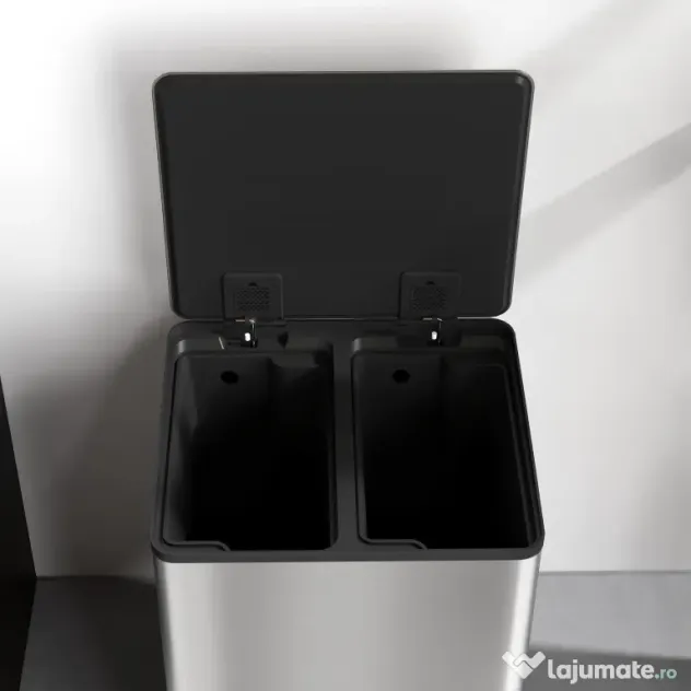 HOMCOM Coș de gunoi cu 2 compartimente de 15L cu pedală și capac silențios, din oțel inoxidabil și PP, 41.8x36.7x44 cm