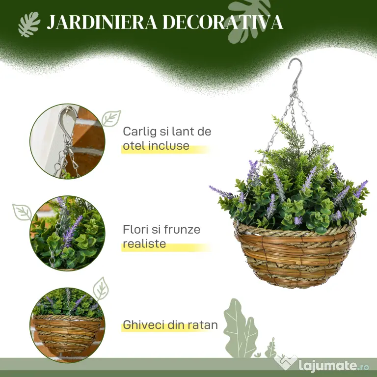 Outsunny Set 2 Plante Artificiale de Lavandă cu Ghiveci și Cârlig, Ø25x34 cm, Verde și Violet | Aosom Romania