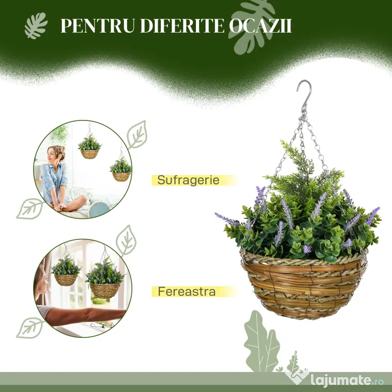 Outsunny Set 2 Plante Artificiale de Lavandă cu Ghiveci și Cârlig, Ø25x34 cm, Verde și Violet | Aosom Romania