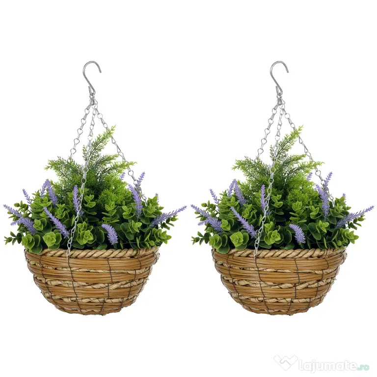 Outsunny Set 2 Plante Artificiale de Lavandă cu Ghiveci și Cârlig, Ø25x34 cm, Verde și Violet