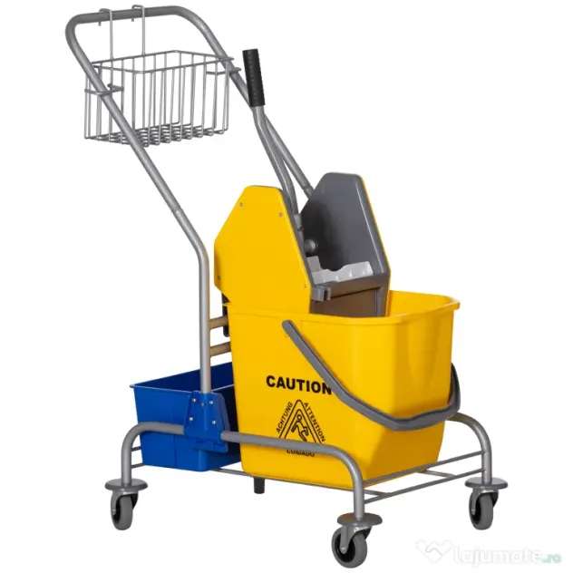 HOMCOM Cărucior Profesional de Curățenie cu Coș Suspendat, Raft, Găleată de 25 L și Cârlig, 72x49,5x95 cm, Galben