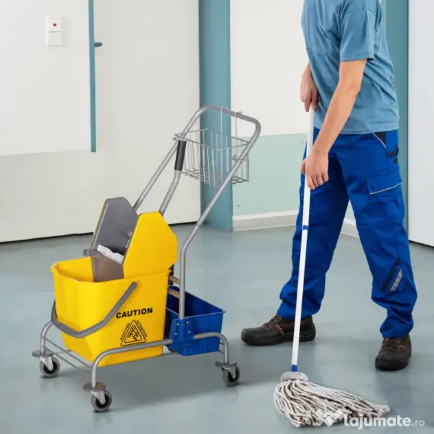HOMCOM Cărucior Profesional de Curățenie cu Coș Suspendat, Raft, Găleată de 25 L și Cârlig, 72x49,5x95 cm, Galben