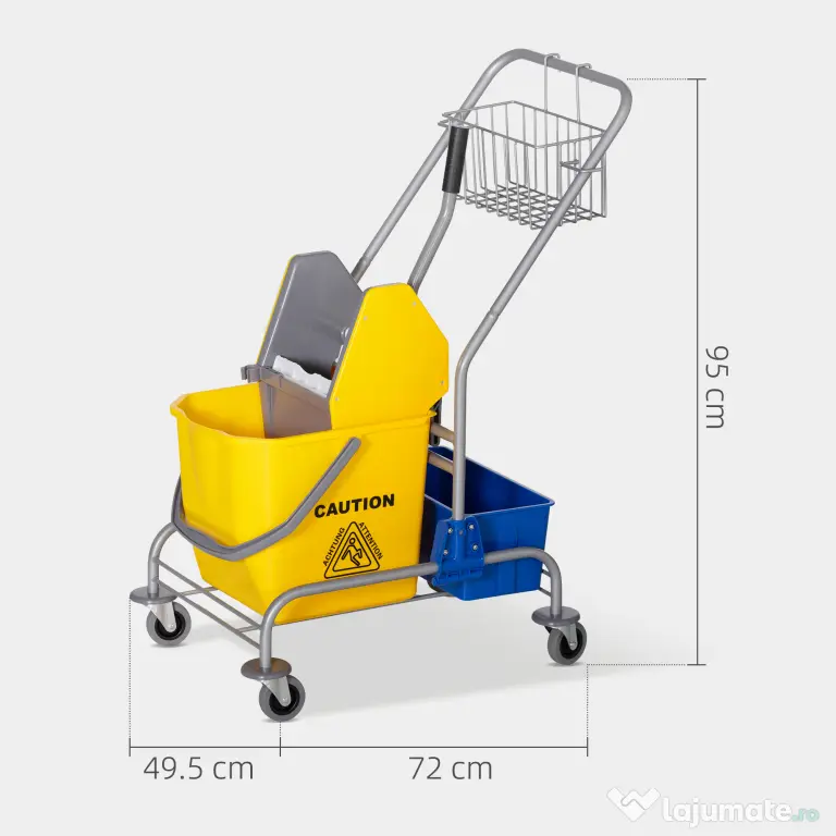 HOMCOM Cărucior Profesional de Curățenie cu Coș Suspendat, Raft, Găleată de 25 L și Cârlig, 72x49,5x95 cm, Galben