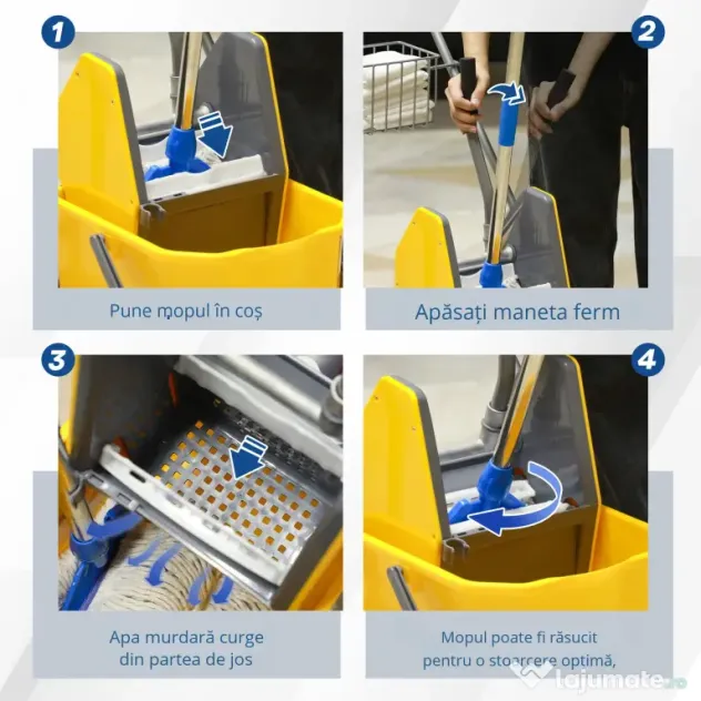 HOMCOM Cărucior Profesional de Curățenie cu Coș Suspendat, Raft, Găleată de 25 L și Cârlig, 72x49,5x95 cm, Galben
