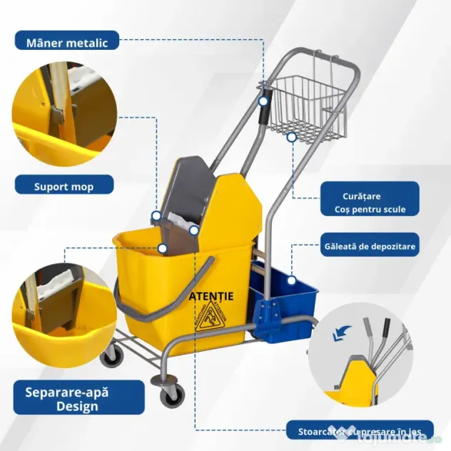 HOMCOM Cărucior Profesional de Curățenie cu Coș Suspendat, Raft, Găleată de 25 L și Cârlig, 72x49,5x95 cm, Galben